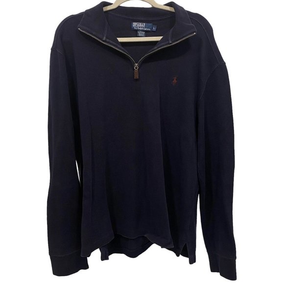POLO RALPH LAUREN Men's Sweater NAVY BLUE 1/4 Zip Cotton Pullover Brown Logo L - Picture 1 of 6